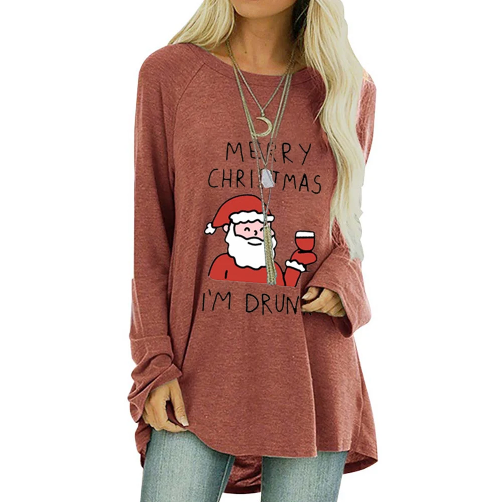 

#w Women Sweatshirt Autunm Santa Claus Print Casual Ireegular Tee Clothes Mid-Length Long Sleeve O-Neck Merry Christmas Clothes