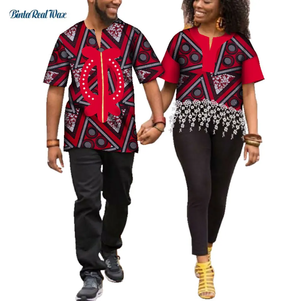 

African Print Shirt for Women and Men Family Clothing Men Patchwork Pearls Top Shirts Lover Clothes Women Tassel Shirts WYQ203