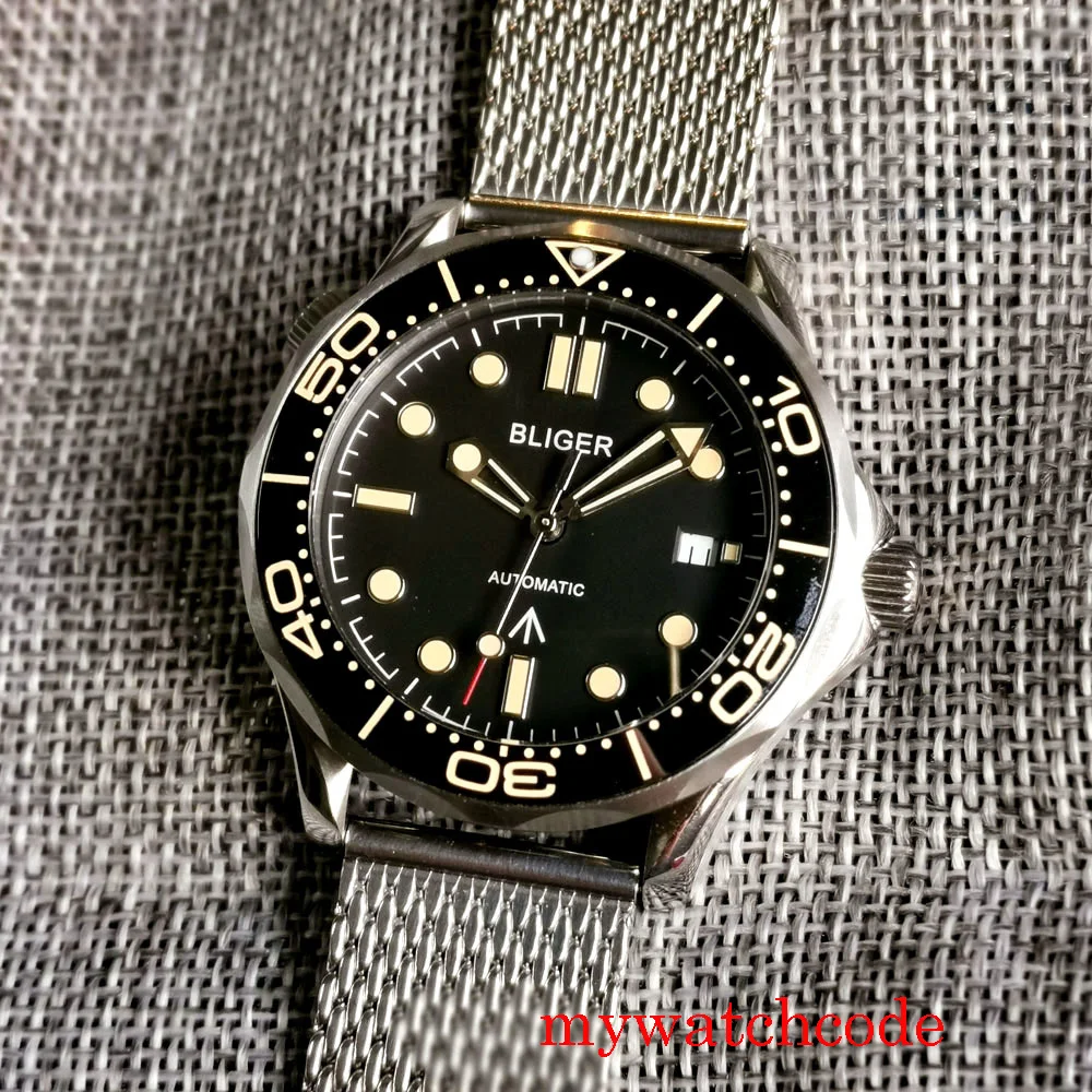 41 мм черный циферблат Автоматические Мужские часы сапфир кристаллический