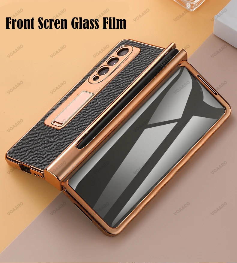 4 in 1 plating dual hinge leather case for samsung galaxy z fold 3 5g hinge case with s pen slot holder front screen glass film free global shipping