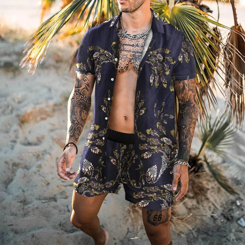 

Summer New Men's Beach Suit Hawaiian Retro Harajuku Print Shirt + Shorts Two-Piece Hip-Hop Casual Sports Travel Street Wear