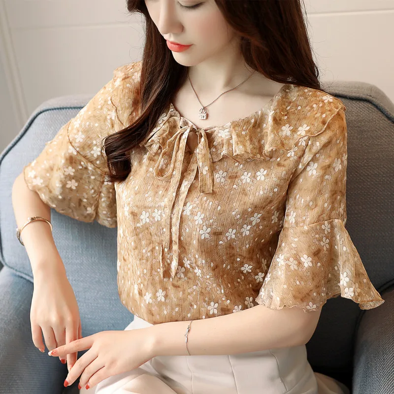 Повседневная Блузка с оборками и круглым вырезом топы Новинка 2019 модная женская