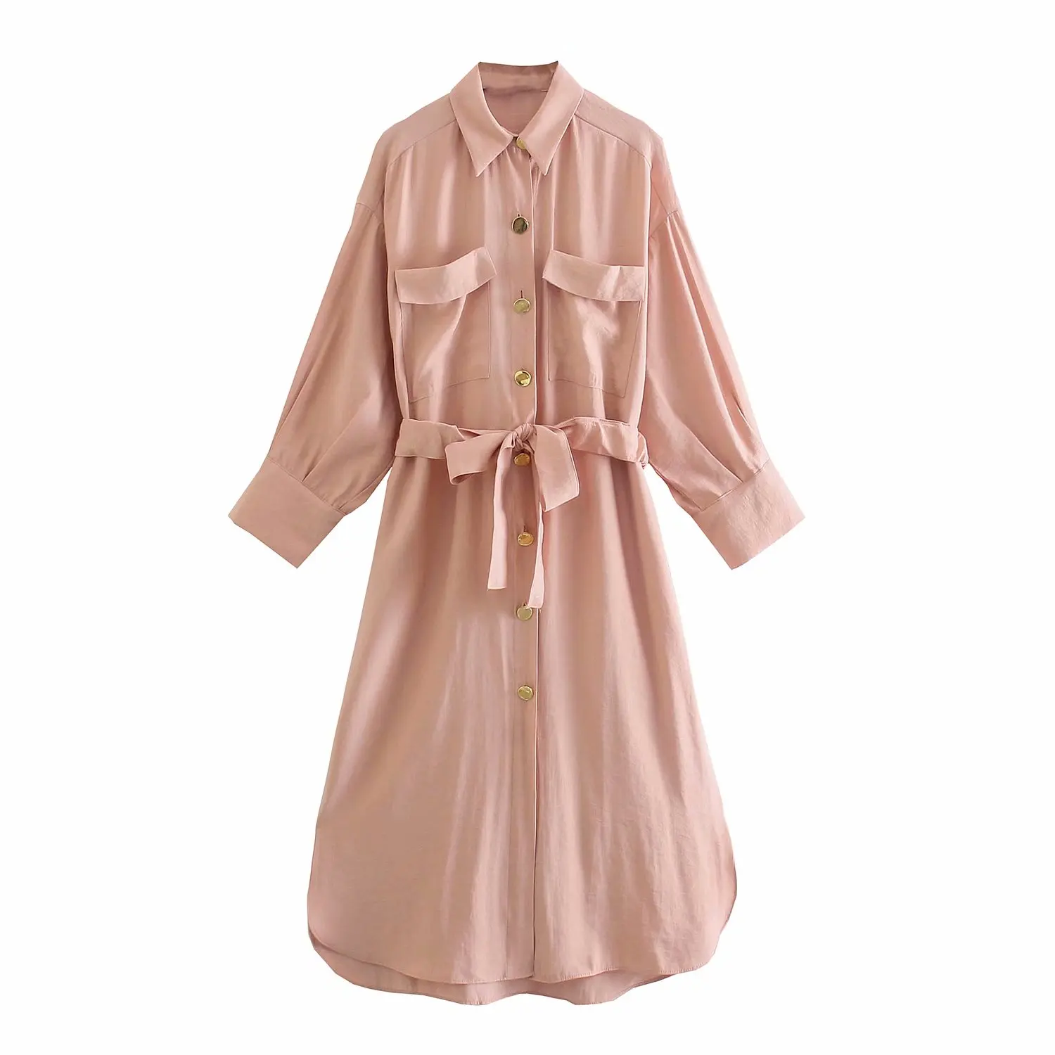 

Xitimeao Za New Women's Retro Loose Shirt Dress Long Sleeve Long Skirt Women's Lace Up Waist Single Breasted Dress