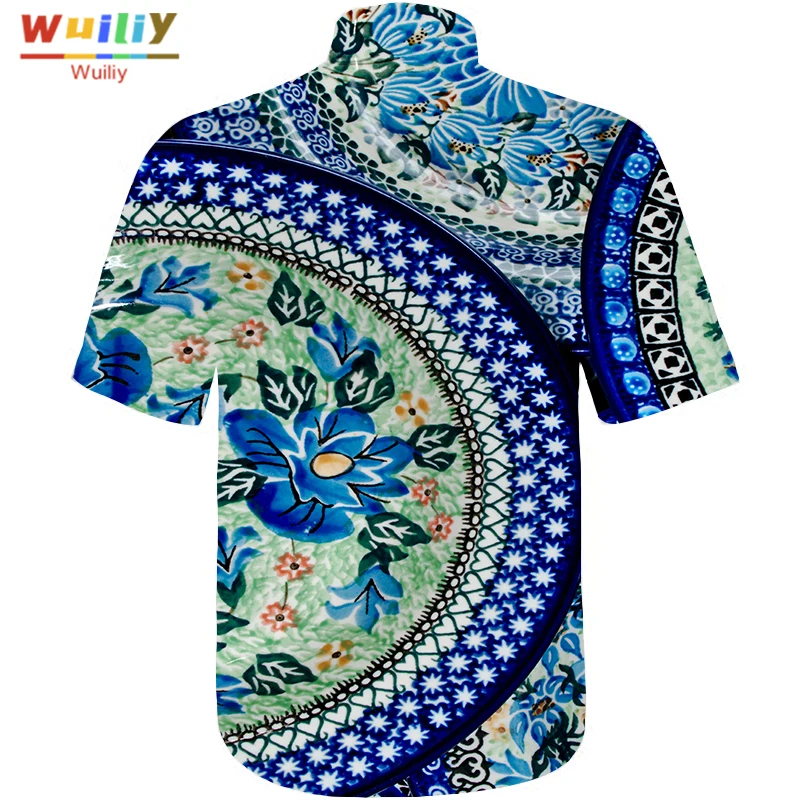 

Graphic Blue And White Porcelain Button Down Shirts For Men Novelty Beach 3D Pattern Summer Hawaiian Tops Fashion Shirt