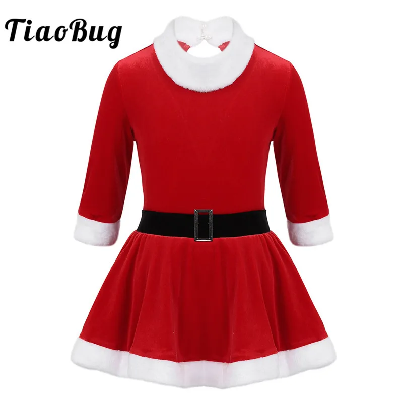 

TiaoBug Kids Santa Christmas Costume Stage Performance Dance Wear 3/4 Sleeves Velvet Girls Ballet Leotard Figure Skating Dress