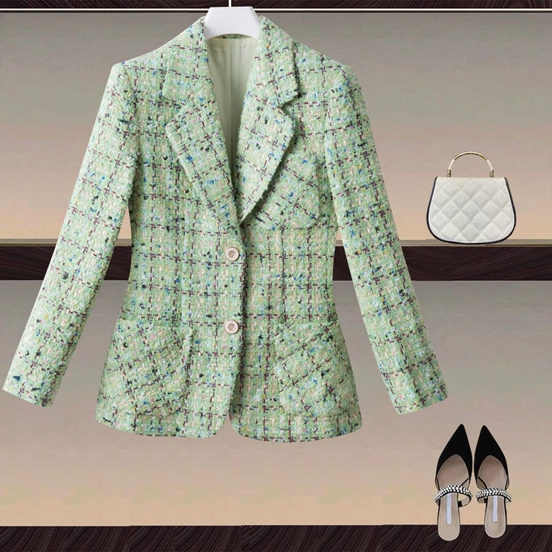 

Пальто женское твидовое клетчатое, изысканный модный пиджак в винтажном стиле для офиса и вечеринок, с пуговицами со стразами, осень