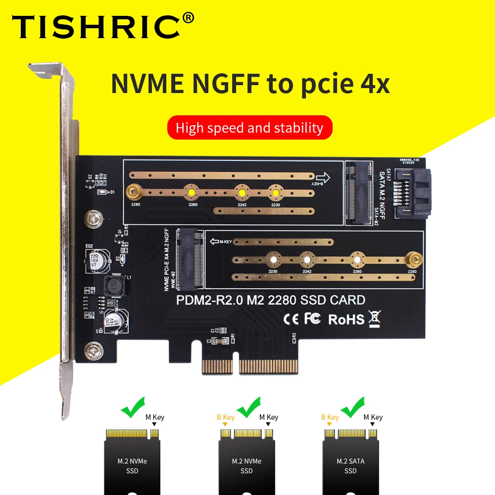 

Плата адаптера TISHRIC NVME NGFF на PCIE 4x, PDM2-R2.0 M2 2280/2260/2242, карта SSD M.2 NVME SATA, плата преобразования SSD