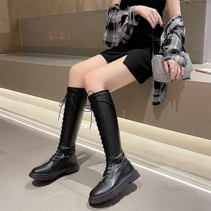 Women Comfort Knee High Long Boots Winter Shoes Ladies PU Leather Lace-Up Warm Plush Boots 2021 New Female Footwear Fashion