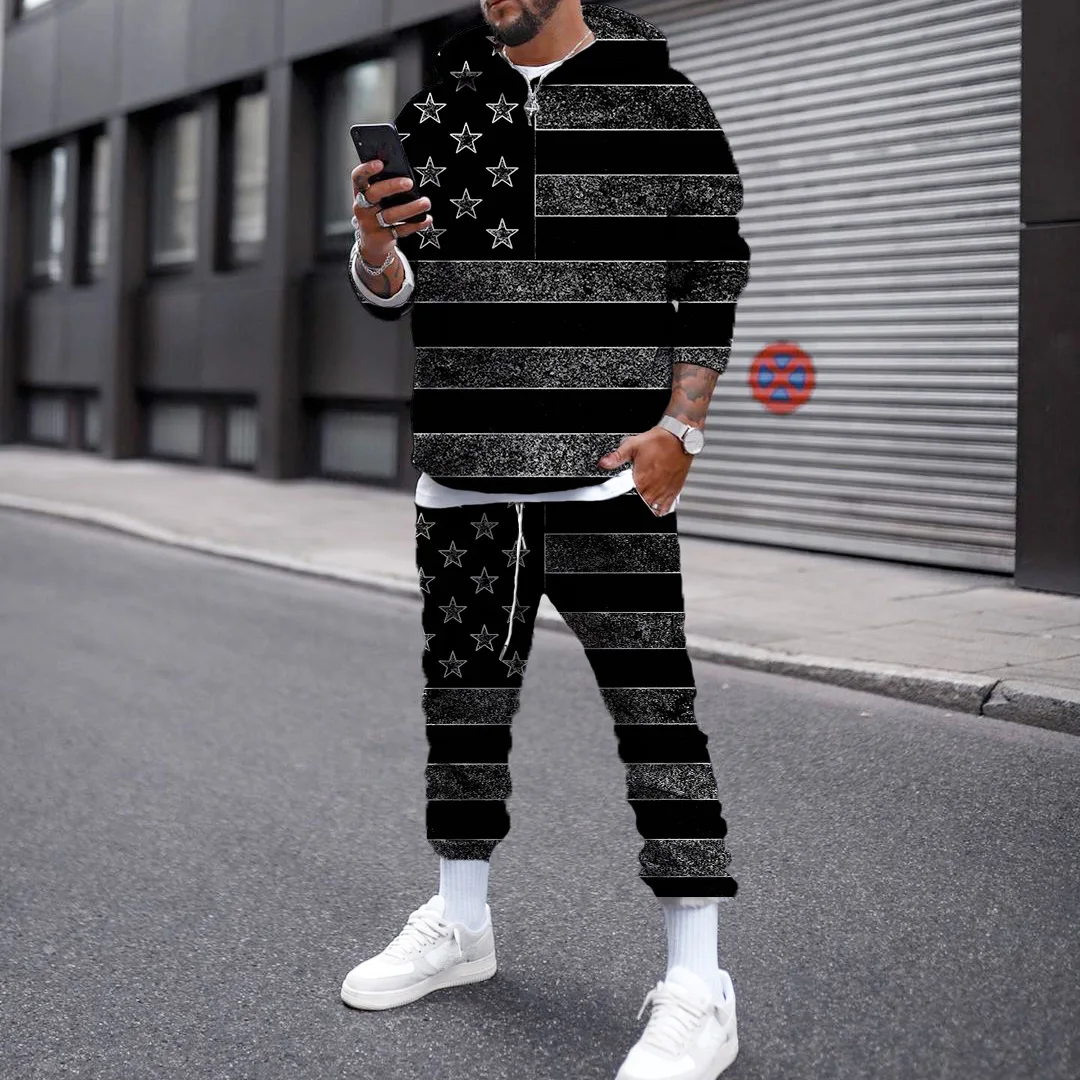 

American flag personality 3D digital printing hooded sweatpants suit casual two-piece spring and autumn track and field suit 6XL