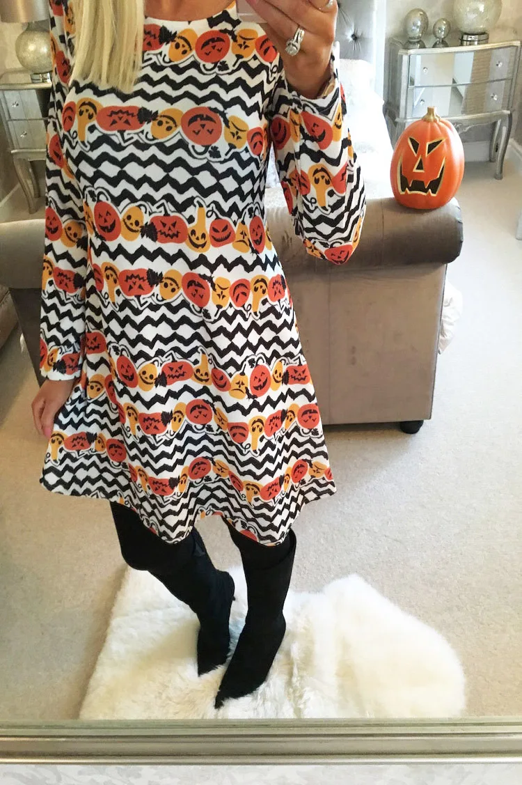 

halloween pumpkin dresses gothic o-neck print a-line women clothes 2020 vintage womens plus size dress 2020 autumn