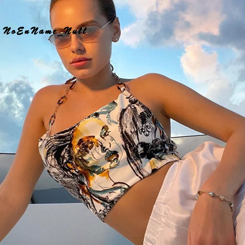 

Tie dyed printed chain lace up vest for women Streetwear White Halter Crop Tops Female Cami Solid Backless Sexy Y2K Sleeveless