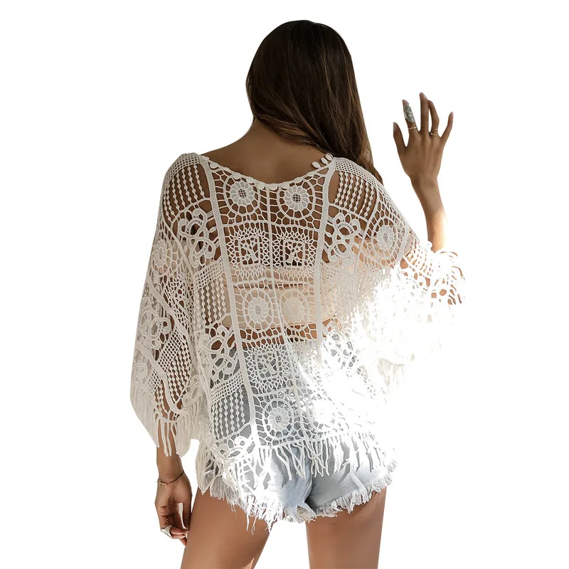 

Beach Dress Tunics Skirt Clothes Swimsuit Cardigan New Pure Bat Long Sleeve Shirt Hollow Smock Polyester Animal Kaftan Beach