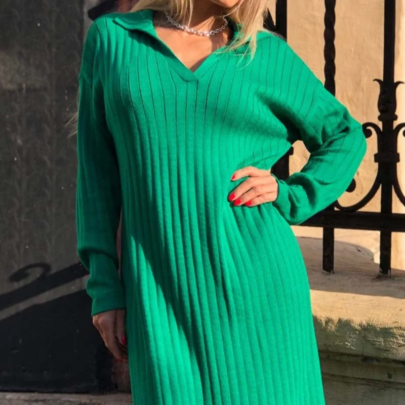 

Knitted Sweater Dress New Long Sleeve Turn-Down Collar Women Club Loose Girl Dresses Maxi Dress Lazy Dress Woman Vestidos Female