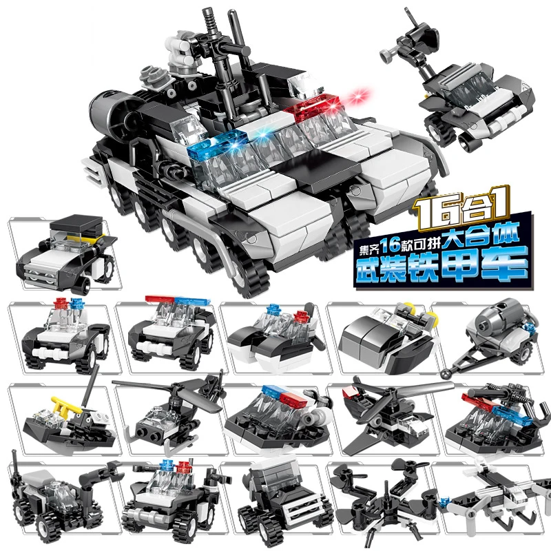 

Mailackers City Police Station Car Army Weapon Armored Car Building Blocks Creator Expert 16 in 1 Fighter Bricks Kids Toys Gift