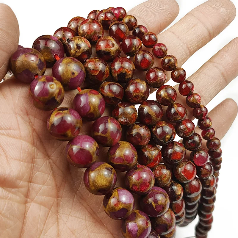 

HGKLBB Natural red Gold colored Cloisonne Stone 6/8/10/12MM Round Spacer Loose Beads For Jewelry Making DIY Bracelet Necklace