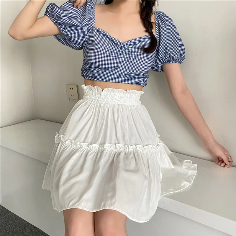 

Summer New Womens Mini Skirt Ruffles Folds Solid Simple Basic Skirts Female Elastic High Waist A Line Slim Thin Skirts Female