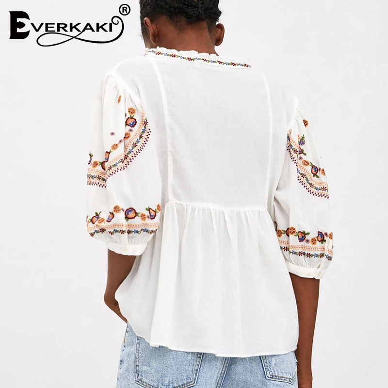Everkaki Boho вышитые Хлопковые женские рубашки, футболки, топы, однотонные белые женские блузки с коротким рукавом, рубашки, женские топы Осень новинка