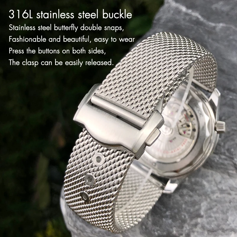 19mm 20mm Stainless Steel Watchband for Omega Seamster Diver 300 Watch 007 Siver Metal Woven Strap Deployment Buckle Bracelets