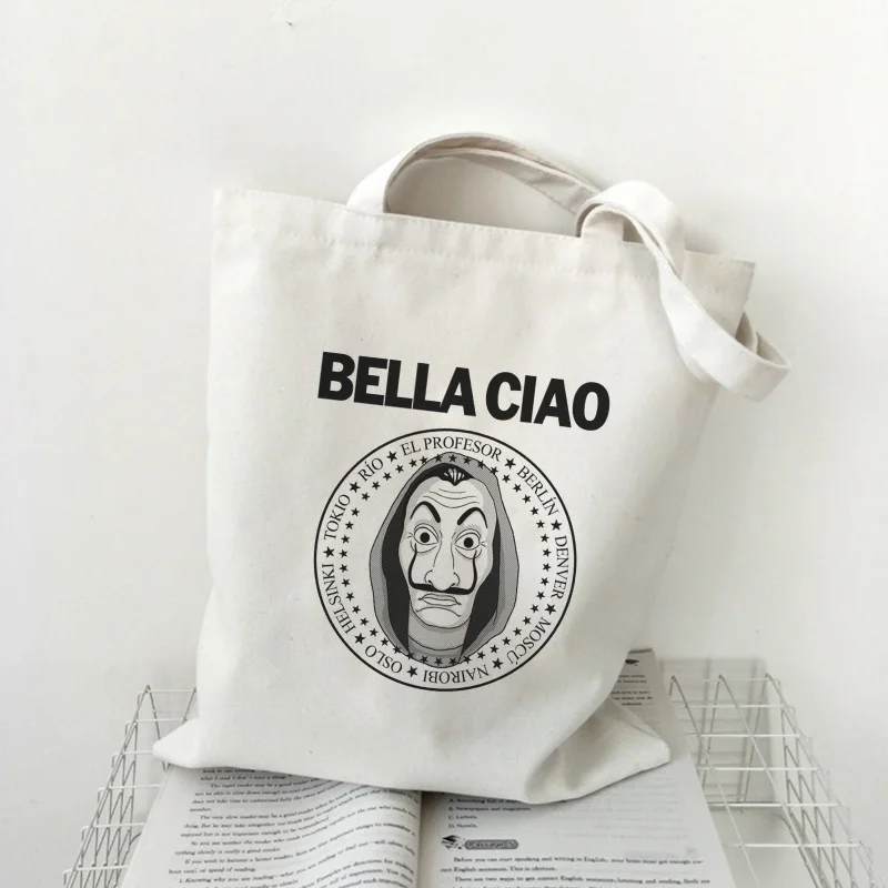 

Bella Ciao Mask Male Letter Print shopping bag Large Shoulder Canvas Bags La Casa De Papel Camiseta Handbag Fun Women Bag Wallet