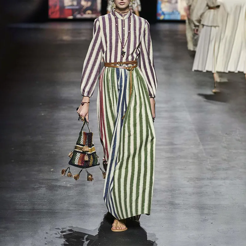 

MSXU 2020 Winter New Women's Fashion Temperament Retro Stand-up Collar Tie Color Striped Long dress Women Dress