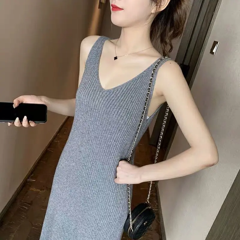 Women's Spring Summer Style Slim Dress knitted Sleeveless V-Neck Casual A-Line SS1206 | Женская одежда
