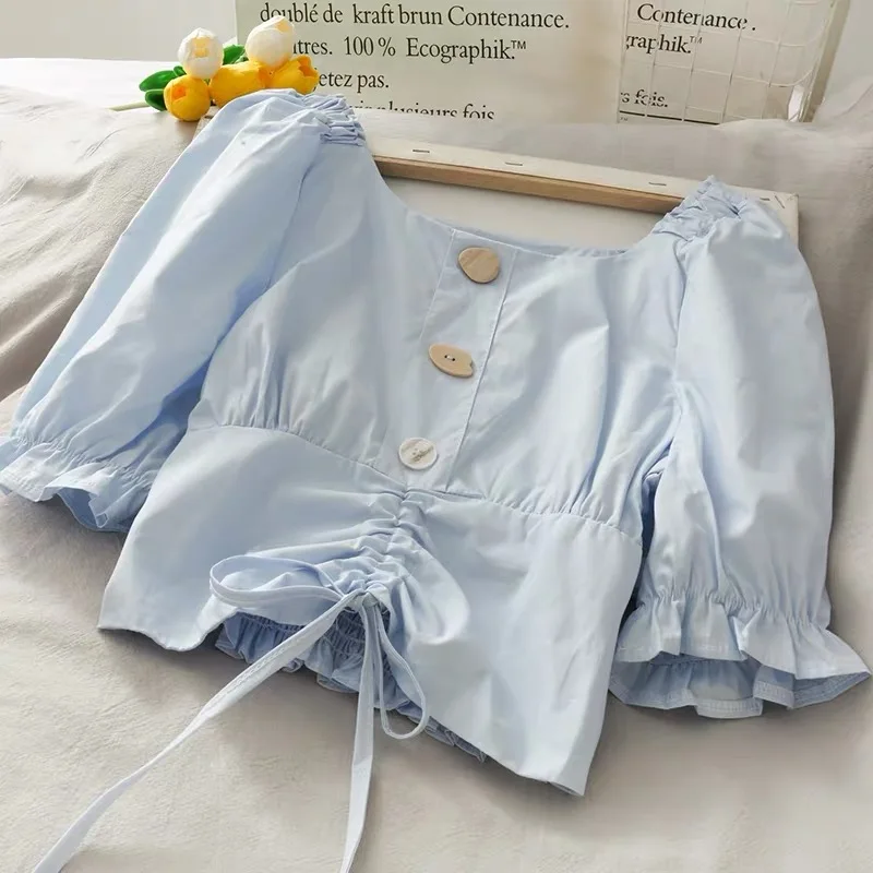 Летняя дизайнерская короткая рубашка с поясом на талии женская пузырьковым