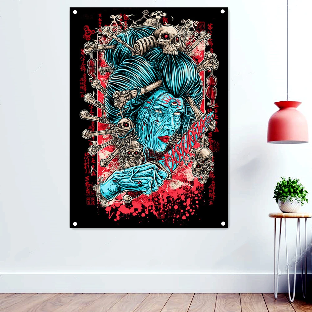 

Geisha Dark Artwork Banners Tapestry Horror Skull Tattoos Posters Macabre Art Background Wall Hanging Hard Rock Music Flag Mural