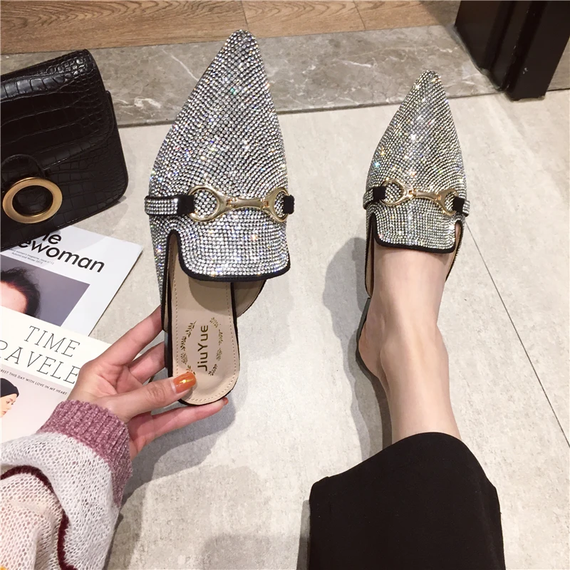 Женские шлепанцы на Плоском Каблуке с острым носком пряжкой и ремешком роскошные