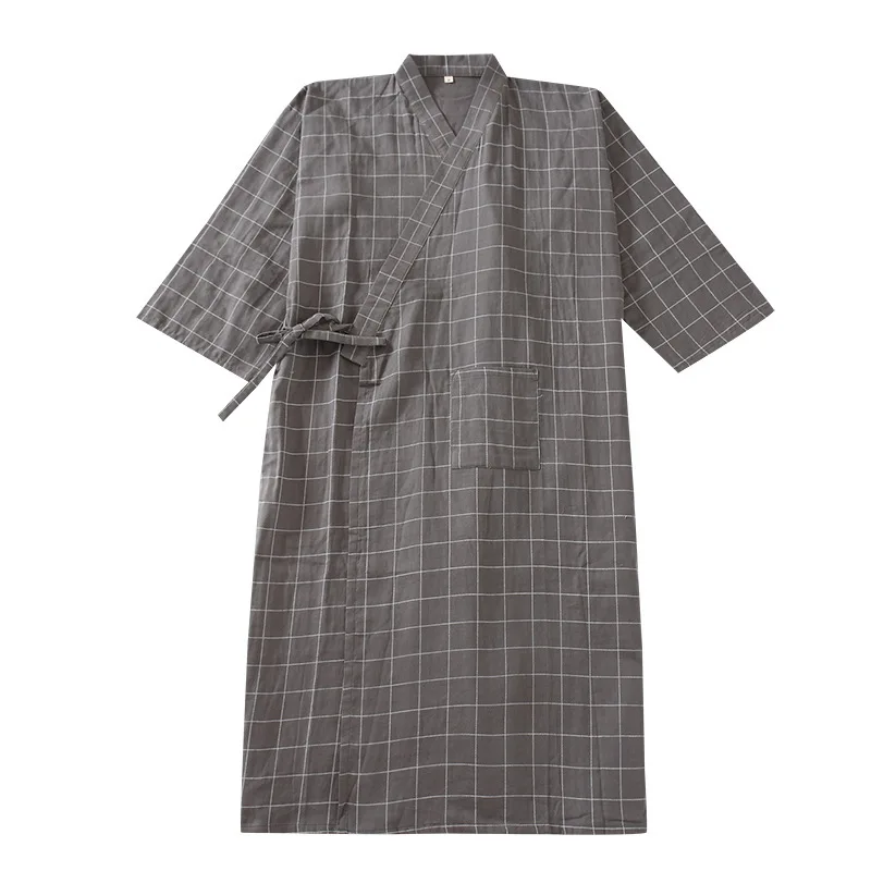 

Cotton Nine-quarter Sleeves One-piece Kimono Bathrobe for Men Spring and Autumn Thin Cardigan Blue Grey Colors Robe for Men