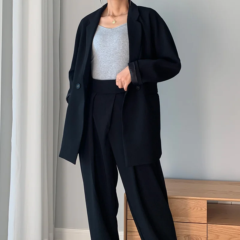 Женский двубортный Блейзер на пуговицах черная Повседневная Свободная куртка с