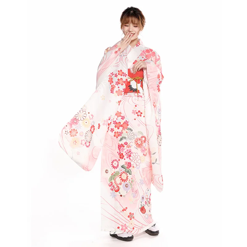 Women's Japanese Traditional Long Sleeve Kimono Beautiful Pink Floral Prints Formal Yukata Cosplay Wear Performing Dress |