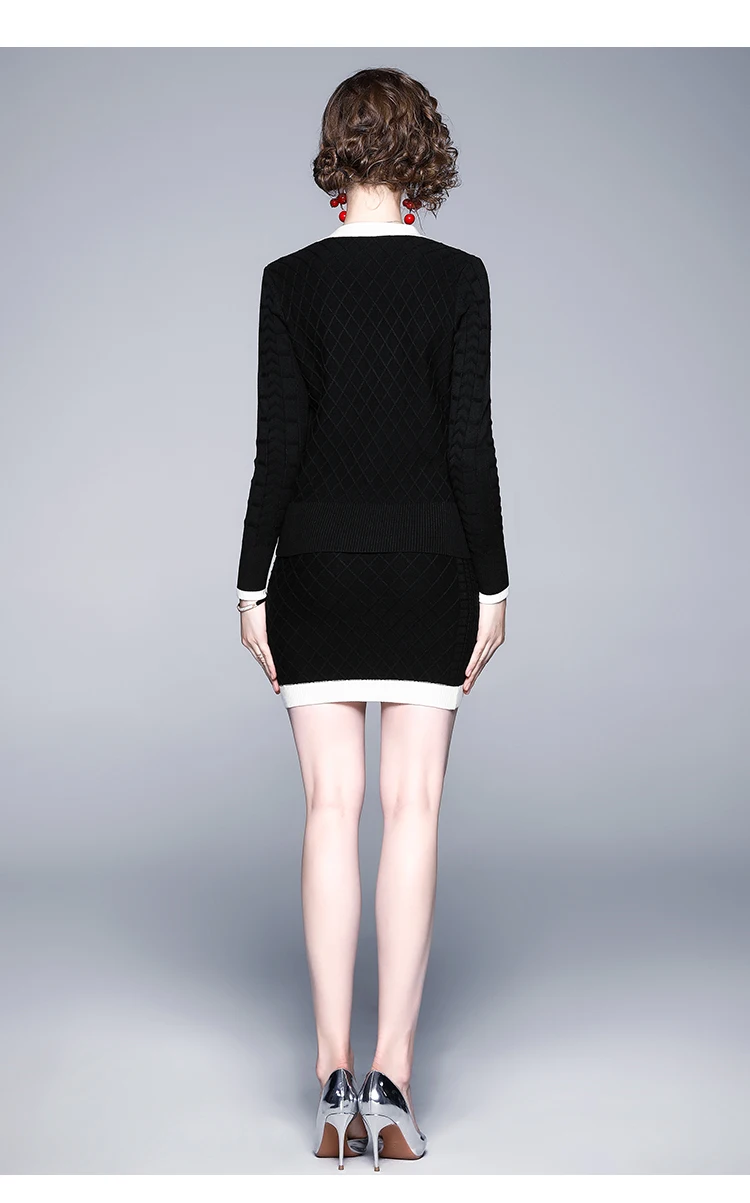 Knitted Patchwork Color Single Breasted Cardigans Women Fashion Sweaters Tops+Elastic High Waist Autumn Winter Knit Skirts Sets |
