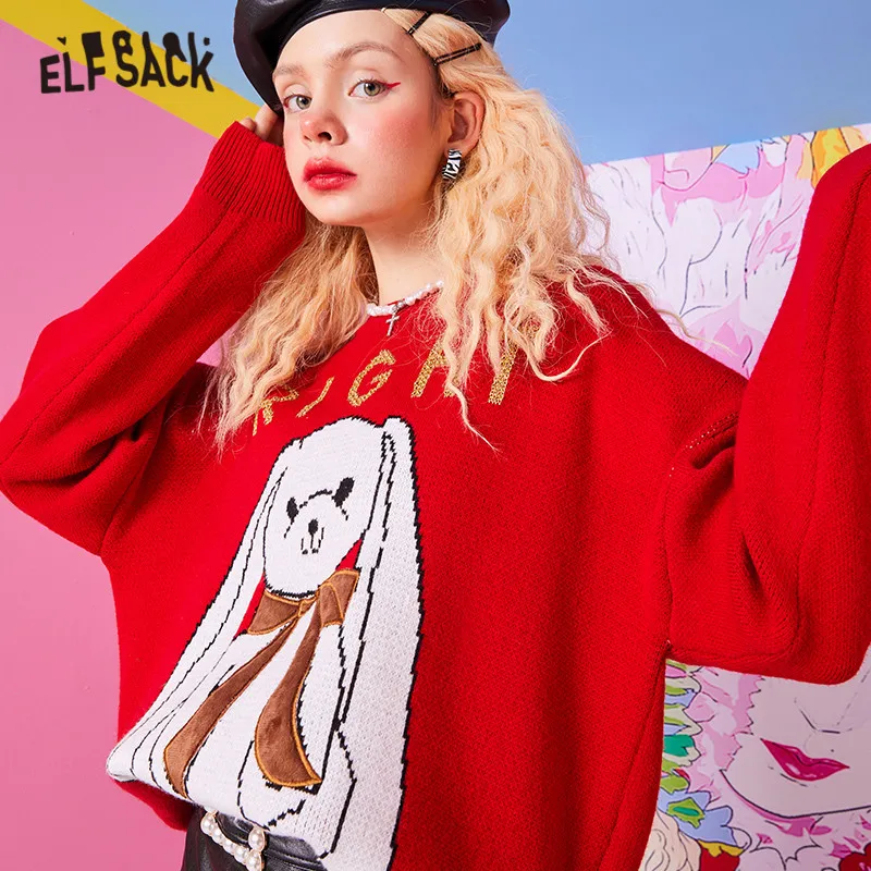 ELFSACK Cartoon Jacquard Women Casual Knit Pullover Sweaters,2021 Summer Vintage Applique Oversize,Casual Girly Daily Sweet Top