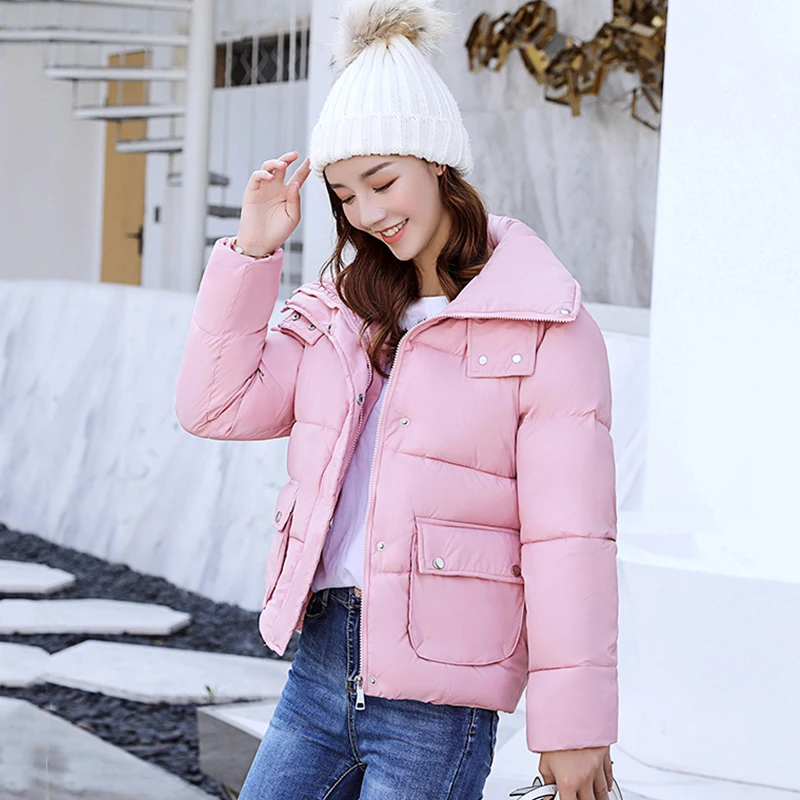 Женские парки короткая зимняя куртка с отложным воротником хлопковые пуховики