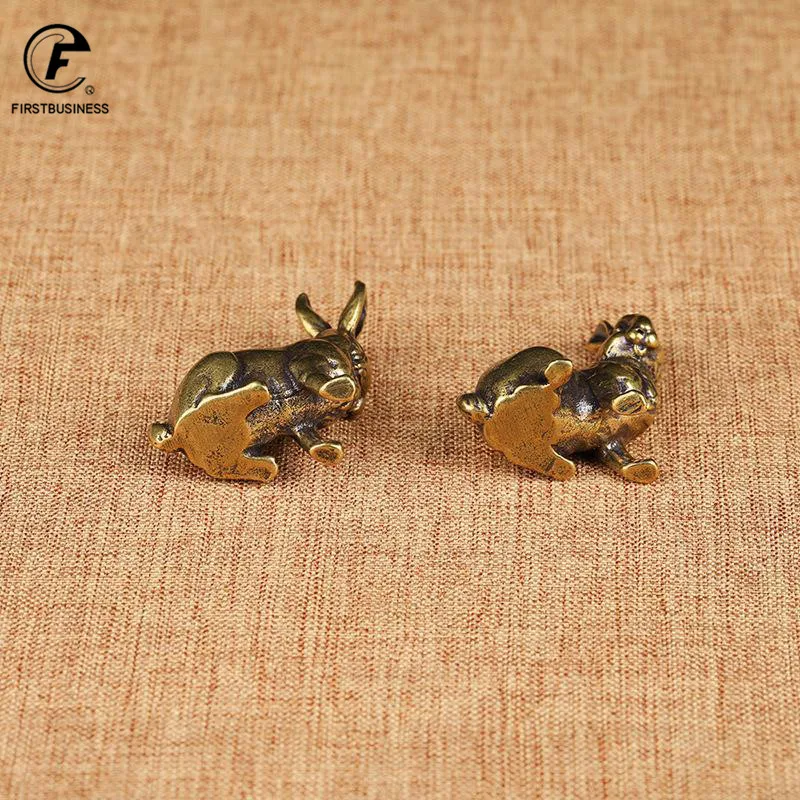 Античная медь Зодиак милый кролик статуя украшения 1 пара Винтаж твердая латунь