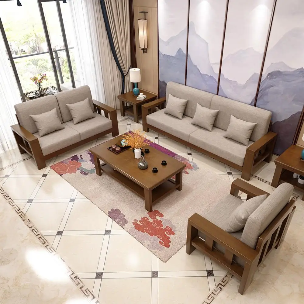 

Hot Sale Solid Wood Sofa Simple Fabric Small Apartment Double Three Person For Living Room