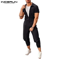short sleeve lapel button romper incerun men casual pants solid color pockets jumpsuit man stylish cargo overalls streetwear 5xl