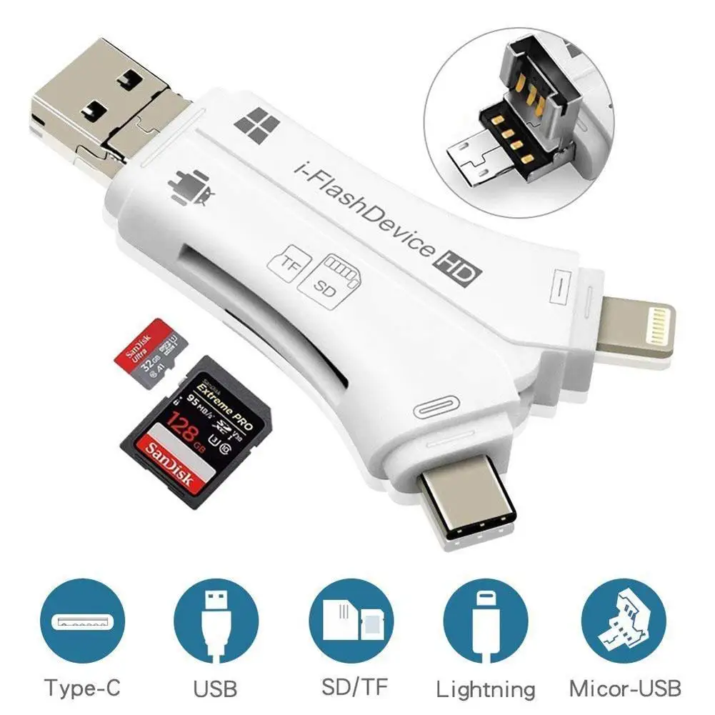 4 в 1 Многофункциональный телефон/Micro Usb/USB Type c/USB SD OTG кардридер для IPhone IPad Mac & Android