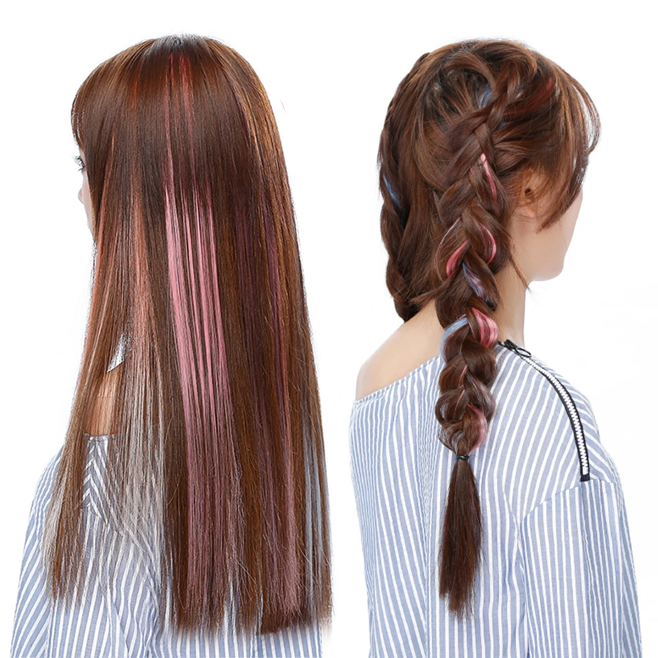 2" Длинные прямые накладные волосы на заколках для наращивания, радужные цельные цветные полоски, заколки для волос для женщин