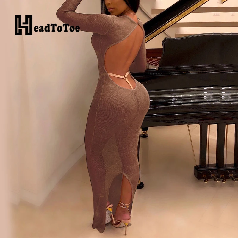 

Solid Skinny Hallow Out Sexy Club Dress Women Full Sleeve Round Neck Pleated Woman Dress