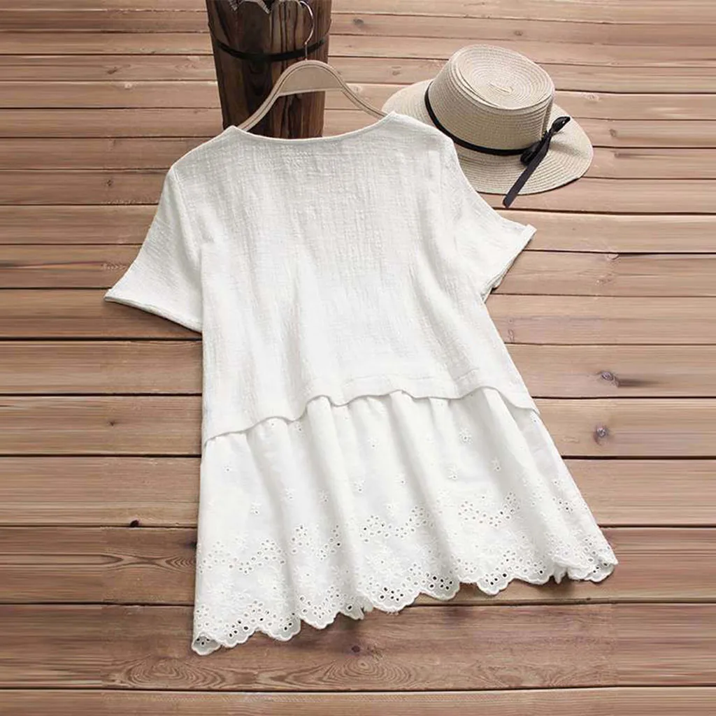 

Home&Nest 2020 New Summer Loose Cotton And Linen Dresses Women Short-Sleeved Stitching Lace O-Neck Mini Dress Vestido Sexy Mujer