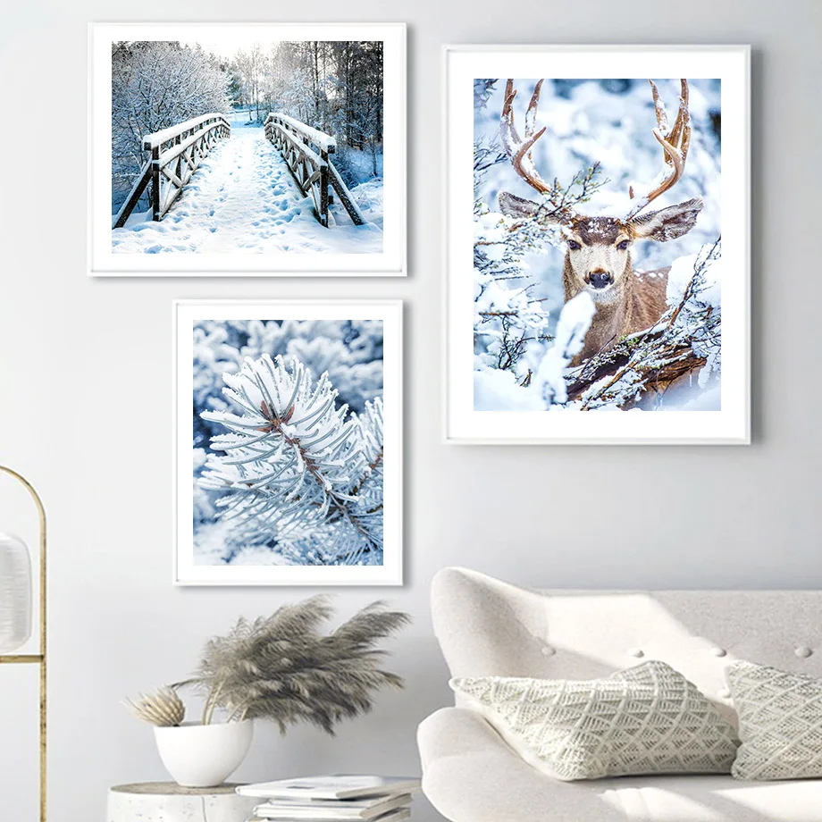 Зимний снег сосновый лес олень каюта природа стены искусства холст картина