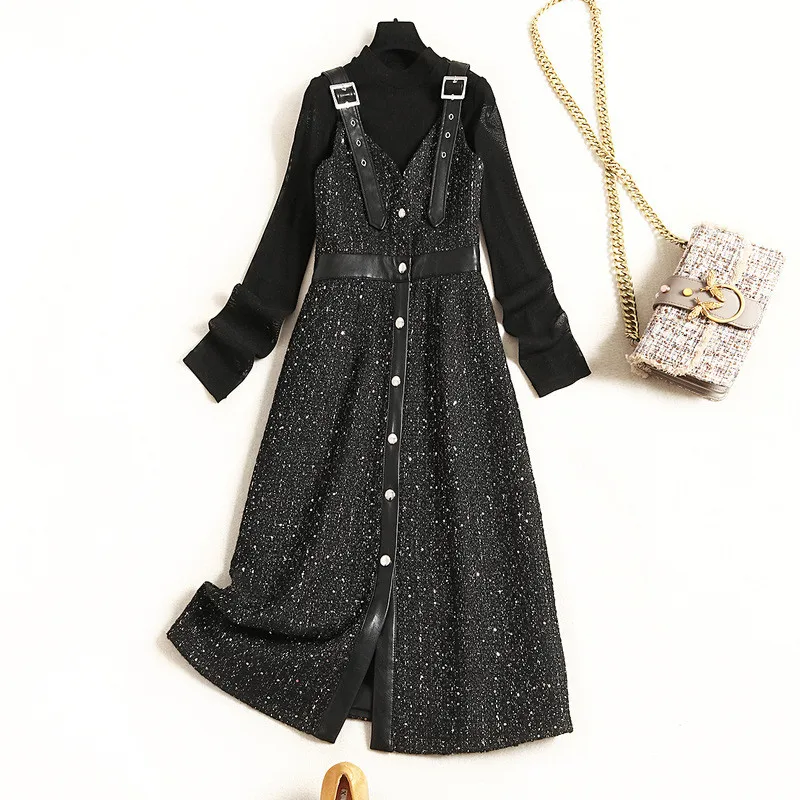 

Runway Fashion Winter Dress Woman Clothes 2019 New Lady Long Sleeve Base Black Top and Strap Tweed Woolen Dress 2piece Sets