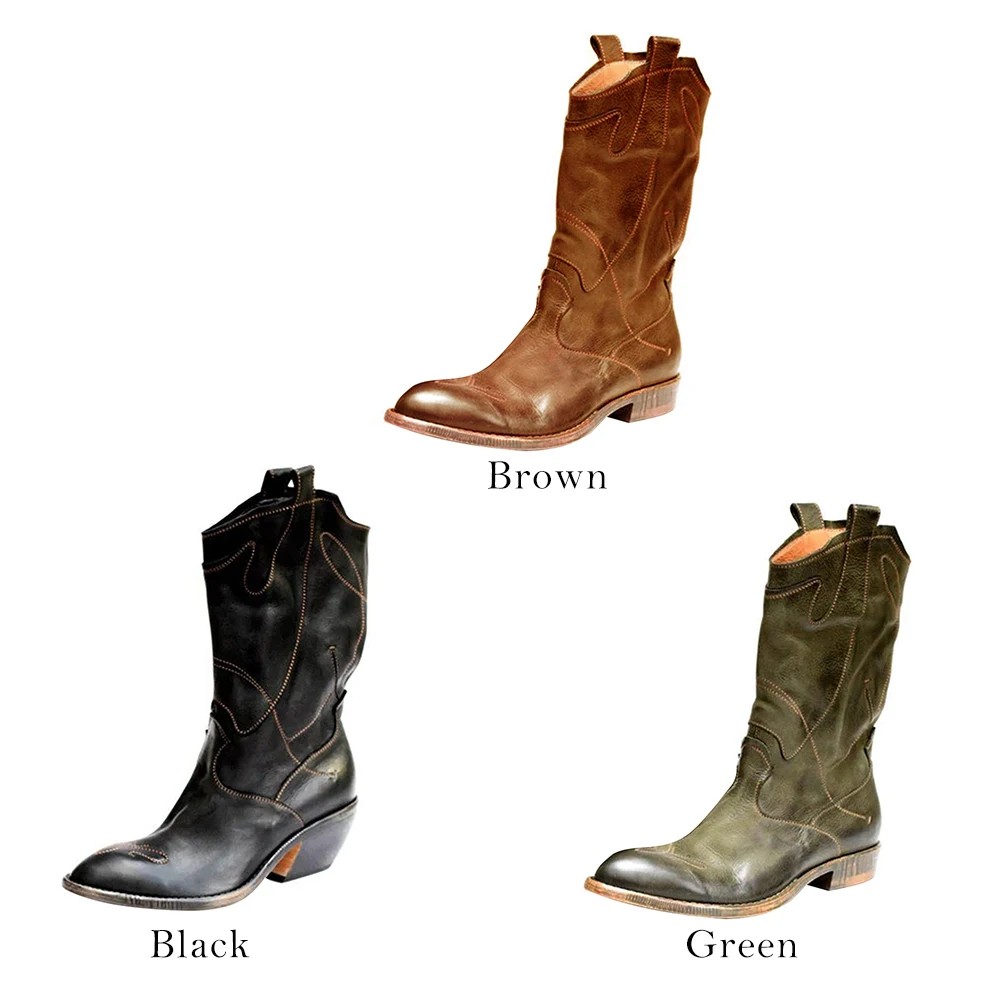 Laamei Women's Western Boots Winter Mid Tube Knight Boot Lady Retro Rome Slip-On Low Heel Leather Shoes Wide Calf Cowboy Botas