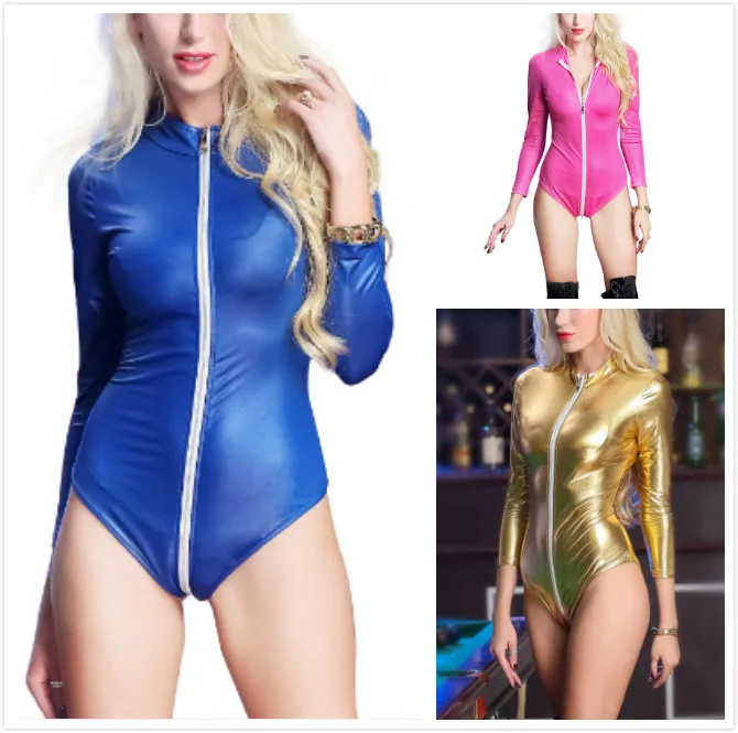 2021 Women Zipper Latex Leather Bodysuits Sexy Bright Patent Jumpsuit Pole Dancing Nightclub Women Catsuit Clubwear Costume S-XX