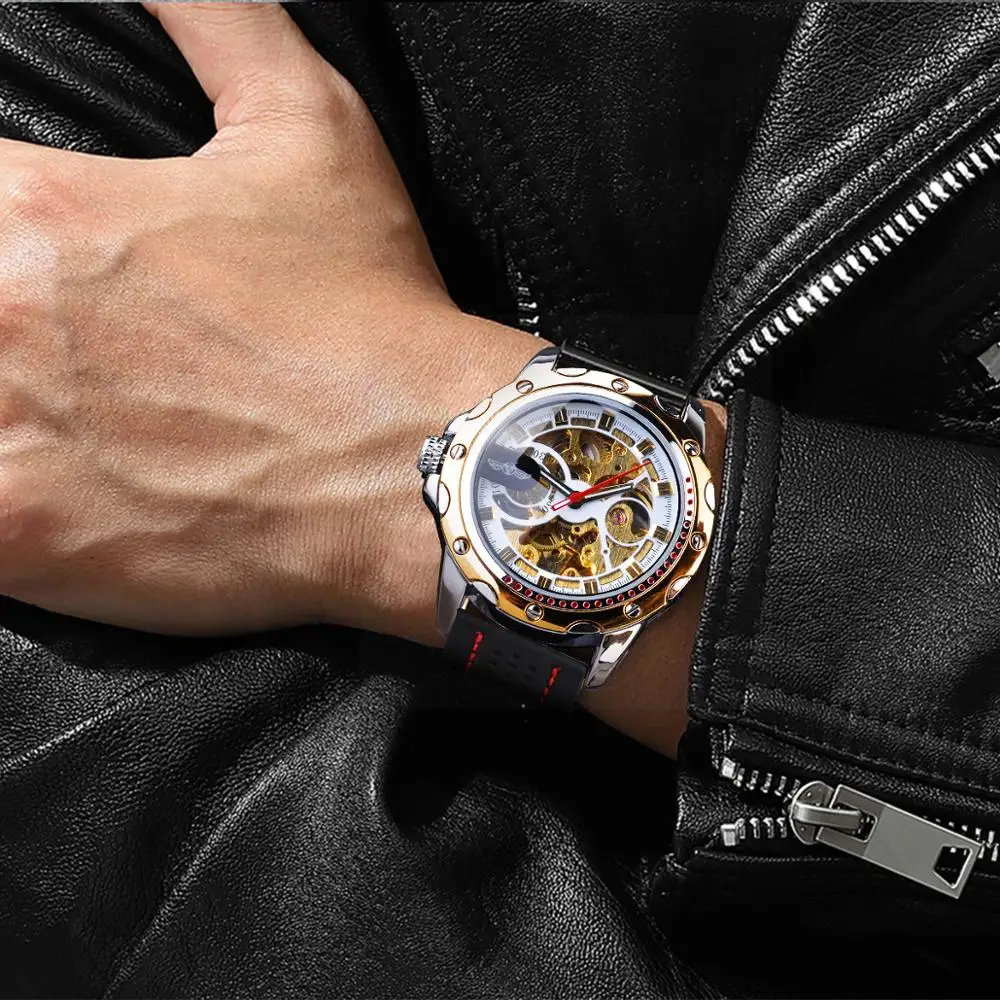 Механические часы Winner Golden Skeleton автоматические мужские в стиле стимпанк золотые