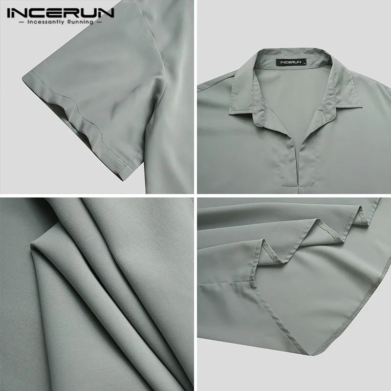 

Men Casual Shirt Solid Color Breathable Turn Down Collar Short Sleeve 2021 Blouse Streetwear Summer Leisure Camisa S-5XL INCERUN