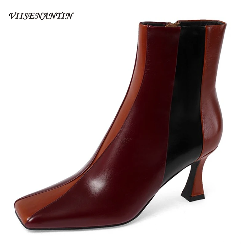 

Fashion Square Toe Autumn and Winter Retro French Stiletto Ankle Chelsea Boots for Women All-match Genuine Leather Zipper Shoes