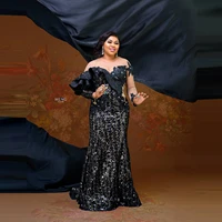elegant black evening gowns plus size long sleeves sequins ruffles custom made lace appliques formal event prom dresses