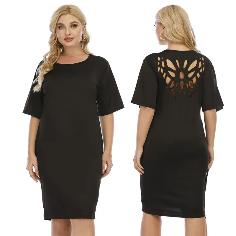 

4XL 3XL Plus Size Beach Dresses and Tunics Round Neck Black Woman Hollow Out Dress 2021 Kimono De Plage Womens Summer Dresses
